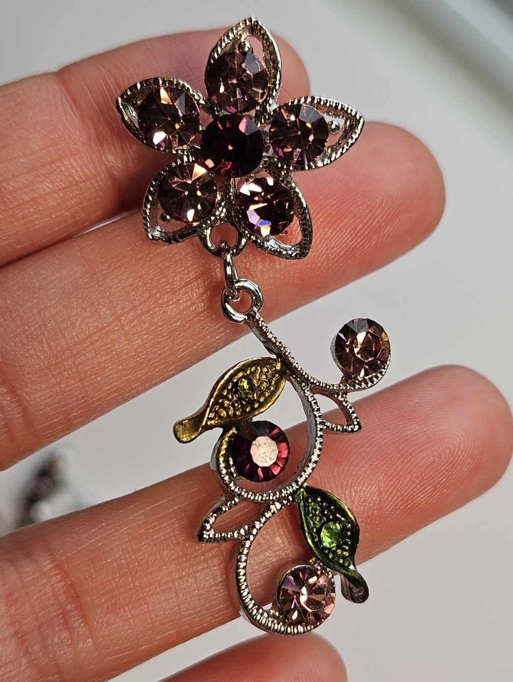 Floral Crystal Drop Earrings in Purple and Green